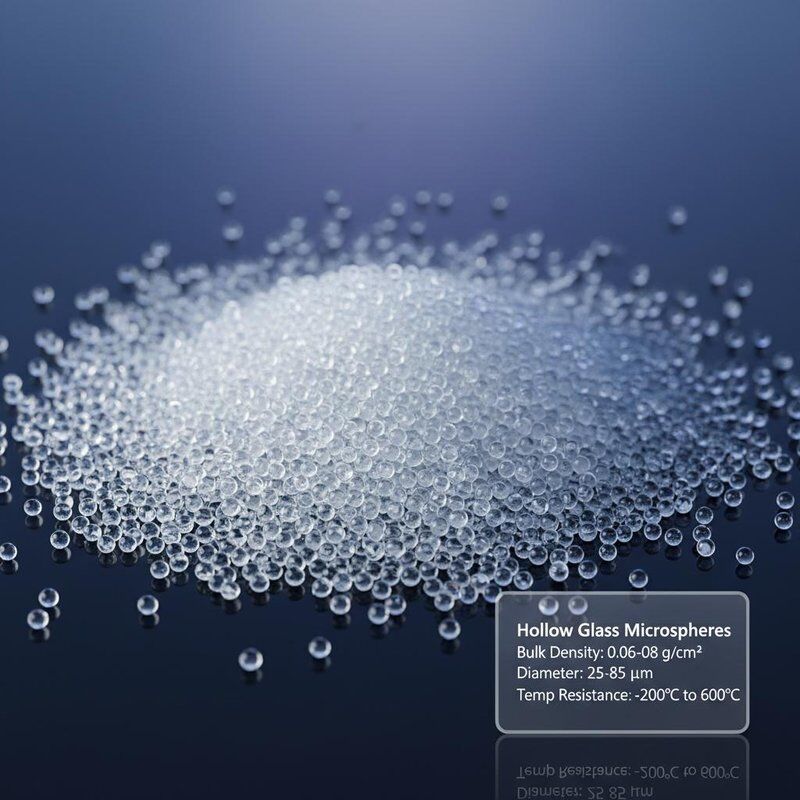 ไมโครสเฟียร์กระจกขุมที่มีความหนาแน่น 0.06-0.08, กว้าง 25-85μm และความทนทานต่ออุณหภูมิ -200°C ถึง 600°C